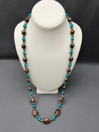 HDNY  Blue And Brown Natural Stone Necklace With Silver Tone Beads 32'