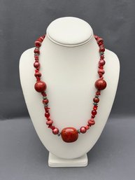 Lovely Esmor Red Ceramic, Wood, Glass And Dyed Coral With Silver Tone Beads And Clasp 20' With 4' Extender
