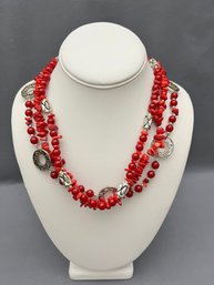 Red Triple Strand Natural Stone Coral 18' Necklace With Silver Tone Beads, Clasp And 3' Extender