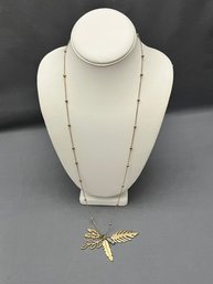 Gold Tone Necklace With Metal Feathers And Leaves With Gray Stone Pendant 32' With 3' Extender