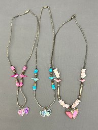 3 Liquid Silver  Mother Of Pearl Fetish Birds Handmade 20' Necklaces Hearts Butterfly - Untested