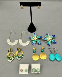 Blue And Green And Gold Pierced Earrings- Enameled Floral Dangles And Studs