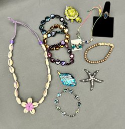 Head To The Beach! Sea Inspired Lot With Turtle Ring Bracelet Shells Pearl Coin Bracelets Abalone Pendant