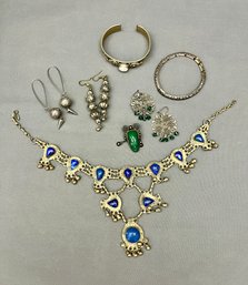 Exotic Lapis Headpiece Earrings Bracelet With Moonstone Green Face Pin Brooch Marked Silver Mexico Earrings