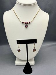 Pretty Purple And Gold Beaded Bar Necklace With Matching Crystal Earrings On 18' Gold Tone Chain Handmade