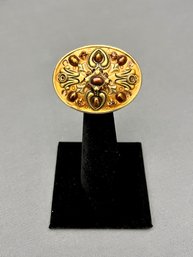 Signed Gold Tone Michal Golan Bronze Pearl And Copper Rhinestone Brooch Pendant