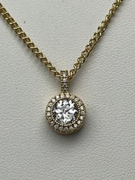 Vintage Signed Round Cut CZ Halo Gold Plated Pendant With 16' Chain
