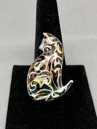 Plique A Jour Brooch Pendant Of Sitting Cat With A Ruby Eye