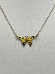 Marked 14k Small Delicate Enameled Yellow And Cobalt Blue Butterfly Necklace Unsigned 15'