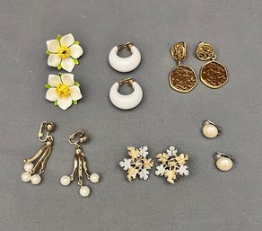Six Pairs Vintage Sarah Coventry Clip On Earrings - Faux Pearl, Two Tone Metal, Enameled Flowers White Amber