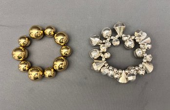 Pair Of Fun Statement Bracelets- Multi Sized Gold Ball Stretch And A Silver Metal Beaded Bracelet With Bells