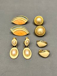 Four Lovely Pairs Of Signed Monet Clip Back Earrings Gold Tone Enamel And Faux Pearls