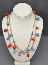 Vintage Corals And Blue Hues Super Long Beaded Necklace Gold Tone Chain 44' With 3' Extender