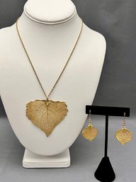Vintage 24k Gold Dipped Real Leaves Pendant And Earrings Nature's Jewelry 24'