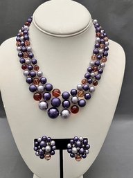 Lovely Vintage Faux Purple Pearl And Amber Glass Necklace And Clip Earrings Set Signed Japan