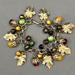 Vintage Fall Charm Bracelet - Leaves And Acorns Green Brown And Golden Beads On Gold Tone Chain - 7'
