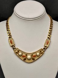 Vintage Trifari Gold Tone And Enamel Necklace Cream Peach White Enamel Pearls 80's Heavy Chain