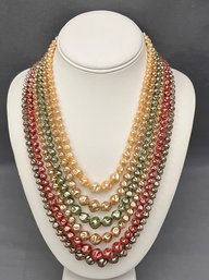 Vintage Multi Strand Faux Pearls Multi Size And Color Bib Necklace Silver Tone Clasp Unsigned  22'