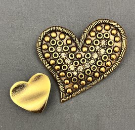 Gold Tone Heart Shape Pins Brooches Large Chicos Heart With Amber Rhinestones Small Wavy Golden Heart