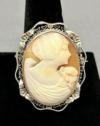 Antique Sterling Silver Beautifully HandCarved Shell Cameo With Delicate Lovely Floral Filigree 1.50' X 1.25'