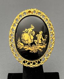Vintage 1950's Damascene Style Brooch Pendant Courting Couple Gold On Black Glass Gold Tone Frame  2' X 1.5'