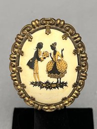 Vintage Signed Western Germany Damascene Style Brooch MCM Courting Couple Light Weight