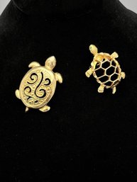 Pair Of Vintage Turtle Brooches - One Signed Gerry With Green Eyes 1.5'x1.125, One Signed AAI 2'x1.25'