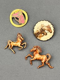 Vintage Horse Lovers Lot - Hand Painted Horse Brooch, Enameled Brooch, Mare And Foal Frolicking Scatter Pins