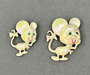 Vintage Luster Enamel Mice Pins Brooches 2 Sizes Green Rhinestone Eyes Fun 1950's Jewelry  Lg 1.25' Sm 1'