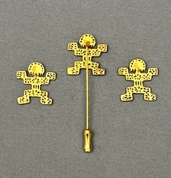 Aztec - Style Tolima Abstract Human Figures Earrings With Lapel Pin Set  - Signed