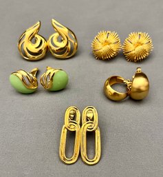 Vintage Lot Of 5 Pairs Of Gold Tone Signed Monet Earrings Cordelia Chain Hoops Mint Green Drop Swirl