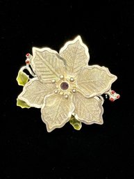 Vintage Signed Kenneth Cole Poinsettia Uncommon Silver Tone Brooch With Mesh Petals Enamel Leaves And Berries