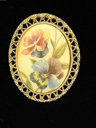 Vintage Painted Filigree Gold Tone Brooch With Pretty Pansies Painted On Porcelain