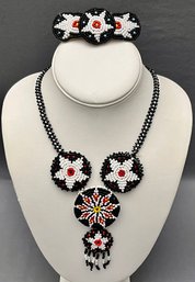 Handmade Native American Style Hand Beaded Necklace With Pendant 40', Matching Hand Beaded Barrette 3.25'