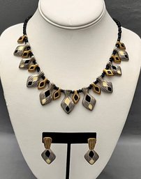 Nice Signed Set Chico's Gold And Silver 20' Enameled Necklace With Black Beads With Matching Earrings 1.5'L
