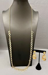 Vintage Chico's Gold Tone 38' Necklace With Round Dangles W/4' Extender, 2' Dangle Swirls With Rhinestones
