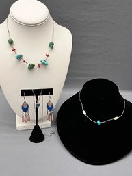 Vintage Liquid Silver Necklaces With Turquoise Nuggets And Coral, Alpaca Crushed Stone Earrings Small Heart