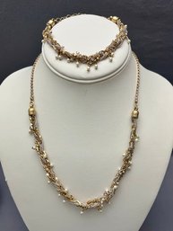 Pretty Multi Chain Gold And Silver Braided Chain Necklace With Seed Pearl Dangles With Matching Bracelet