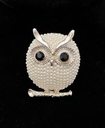 Cute Silver Tone Owl Sitting On A Branch With Black Faceted Glass Eyes And Seed Pearl Body 1.50' Long