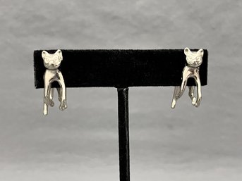 Vintage Signed Pierced Cat Crawl Thru Two Piece Earrings Silver Tone 1.5' Long