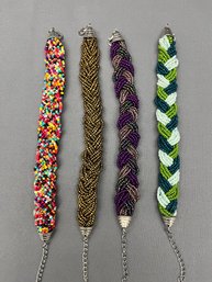 Four Beaded And Braided Bracelets 8' Long With 2' Extender Green Purple Copper Multi