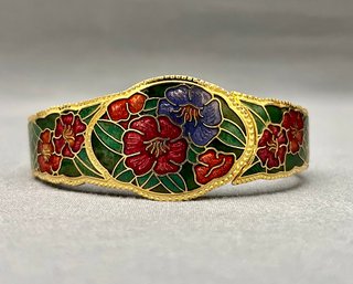 Vintage Gold Tone Cloisonne Hinged Bangle With Enamel Flowers And Leaves