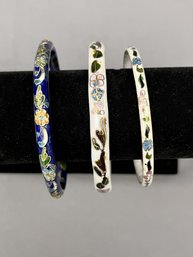 Lot Of 3 Vintage Beautiful Cloisonne Bangle Bracelets - 8' Two With Designs On The Interior Also!