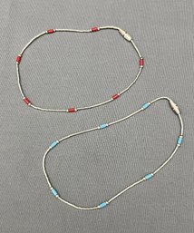 Lot Of 2 Delicate Liquid Silver Beaded Anklets Bracelets - Turquoise Is 9.5' Long, Coral Is 9' Long