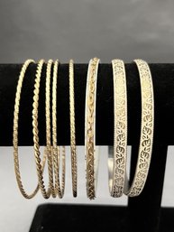 Lot Of 8 Gold Tone With White Enamel Fancy Textured Bangle Bracelets