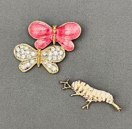 Before And After - Caterpillar And Double Butterfly Enamel And Rhinestone Brooches - Spring Is Coming!