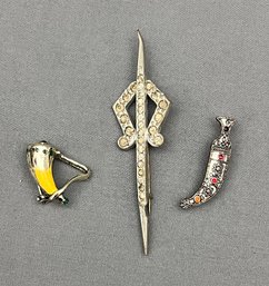 Three Vintage Brooches - Enameled Horn Drinking Tankard, Small Curved Blade Dagger With Crystals, Ornate Sword