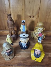 Lot Of Ceramic And Or Wood Nautical Sea Captain Fisherman Figures