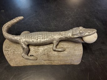 Vintage Cast Aluminum Alligator With Golf Ball Desk Statue