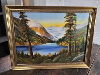 Oil On Canvas Painting Lemaire Framed 24.5' By 18.5' Mountains Nature